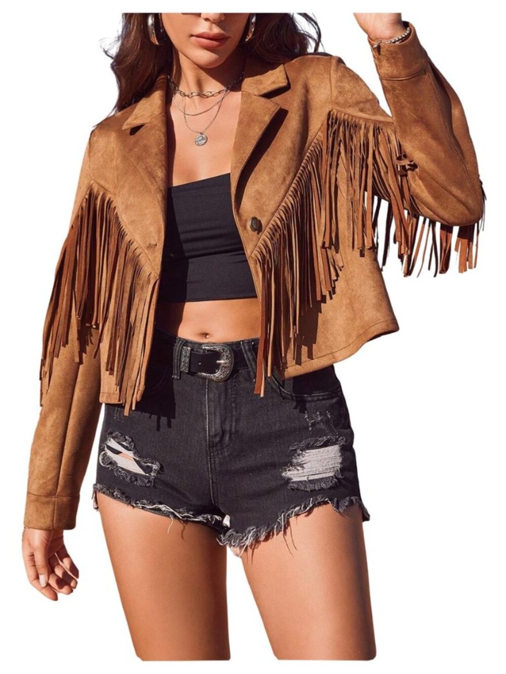 Women's Faux Suede Fringe Open Front Long Sleeve Cardigan Jacket Western Country